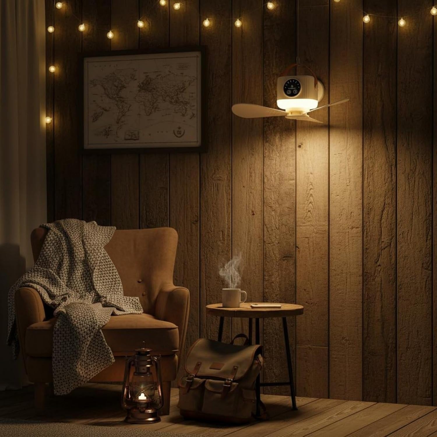 Camping tent fan with light, timer and hanging hook for outdoors