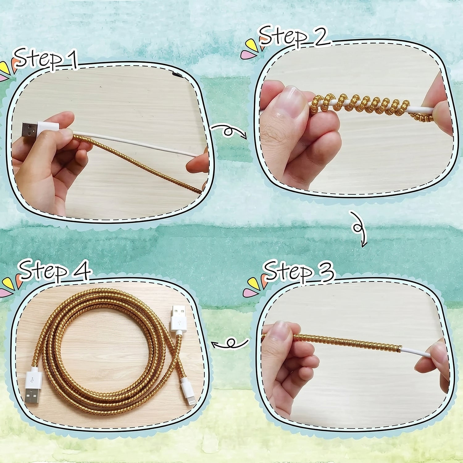 Brown spiral cord saver wrap preventing cable damage and tangles.