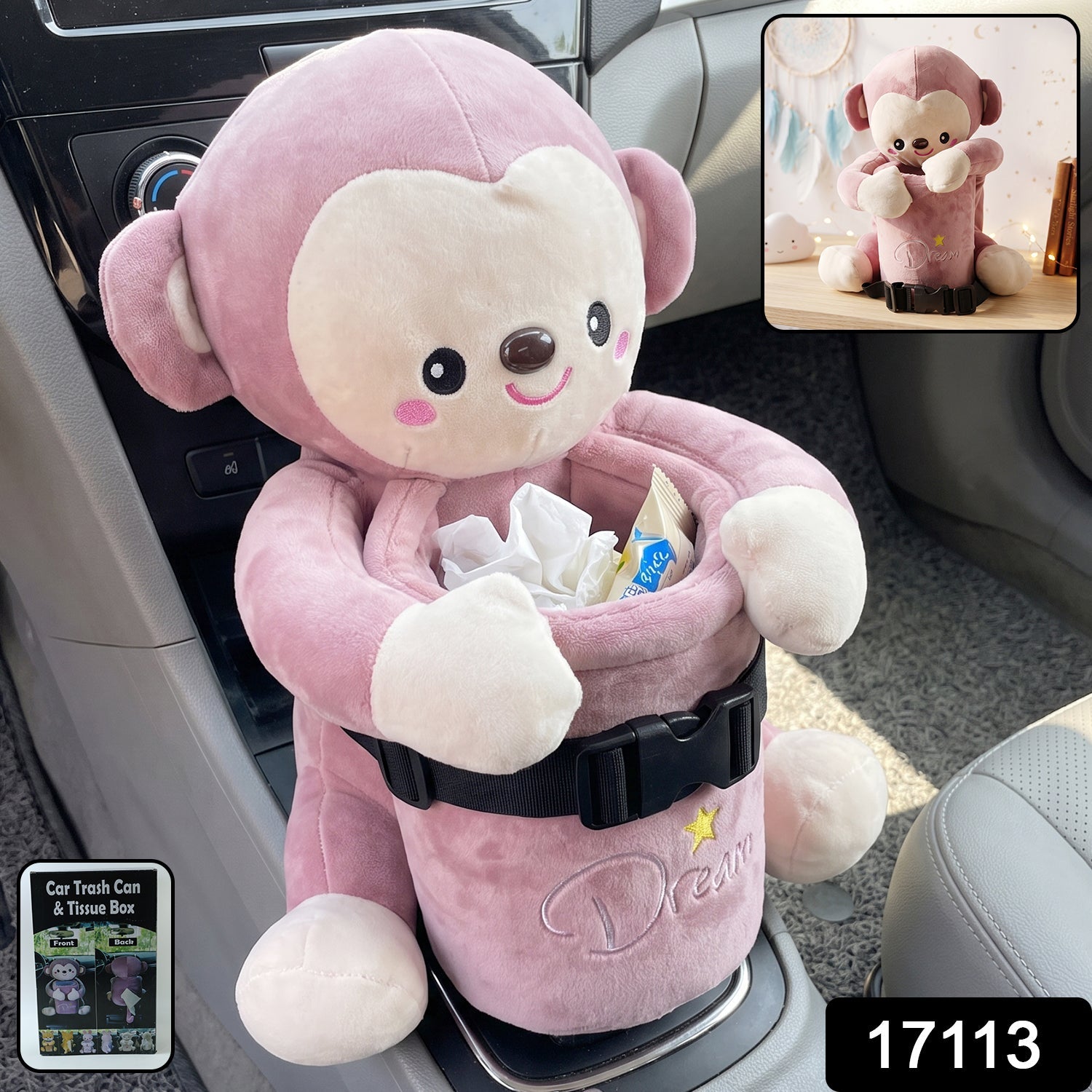 Plush monkey car dustbin and tissue holder for interior organizing